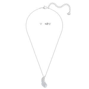 Swarovski Crystal Nice Feather Necklace & Earrings Set, White, Rhodium Plated